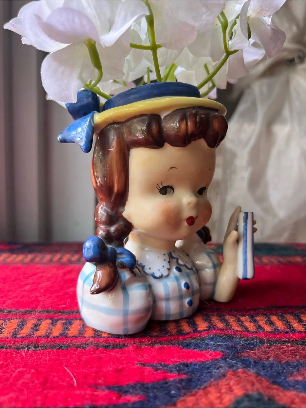 Vintage Ceramic Girl with Pigtails Head Vase in Blue, Checkered dress like new - Picture 2 of 14